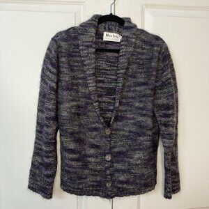 Harley of Scotland‎ Wool Mohair Cardigan Womens M Gray Purple Knit Shawl Collar